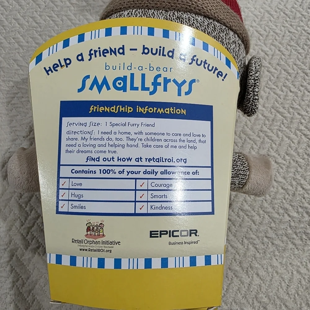 Build-A-Bear Smallfrys Sock Monkey Plush With Red Knit Hat Pompom Beanie Retired